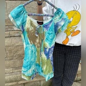 Vintage Charlie by Tetik Women's Blue and Green Pleated Blouse